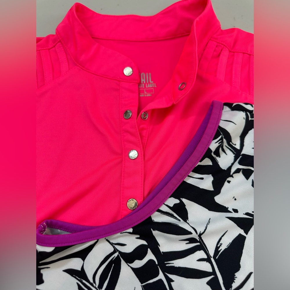 Two Tail Women's Sleeveless Tops - Black and White Leaf Print & Bright Pink - Picture 4 of 11